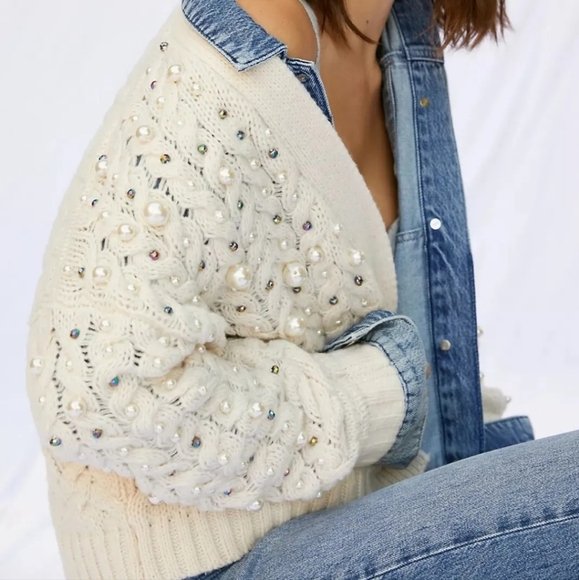 by Anthropologie Ivory Kimono in Things Party Pearl Cardigan One Size - Picture 3 of 16